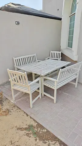 White Outdoor Wooden Dining Set - Table with 4 Benches and 2 Chairs