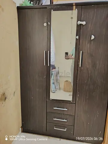 Used 3-door Dark Wood Wardrobe with Drawers - Good Condition