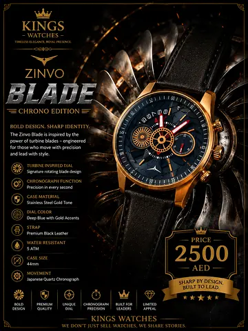 Zinvo Blade Chrono Edition Mens Watch - Black Blue Dial, Gold Tone, 44mm