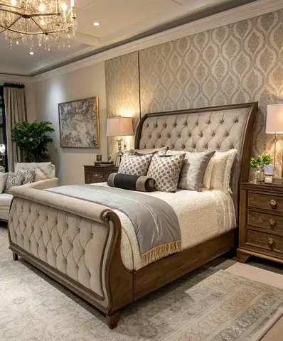 Classic Sleigh Bed Frame with Tufted Upholstery