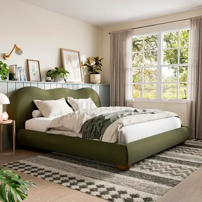 Wavy headboard olive green velvet double size bed