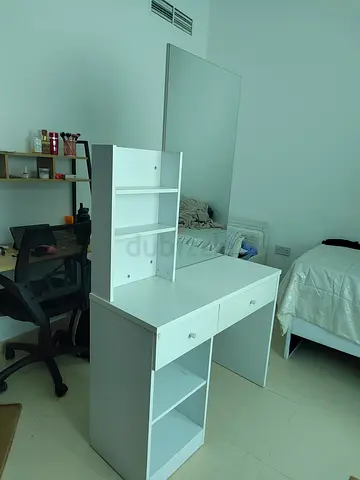 White Dressing Table with Mirror and Storage Shelves
