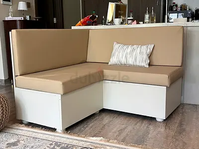 Compact L-shaped Bench Sofa with Cushions - White Base, Beige Upholstery