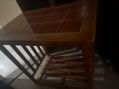 Wooden side table with tiled top and lower shelf - good condition