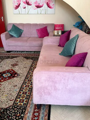 Light pink velvet 3+2 seater sofa with cushions - good condition