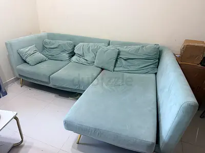 Light blue L-shaped corner sofa, 3-seater with chaise