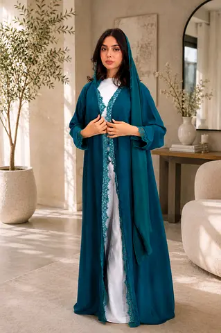 Teal Embroidered Abaya with Hood and Sash -