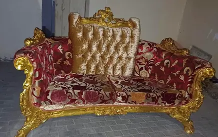 Ornate Gold-Framed Vintage Loveseat Sofa with Red Velvet Upholstery