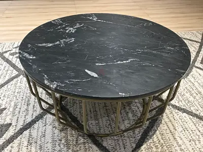 Modern Round Coffee Table with Black Marble Top and Metal Base