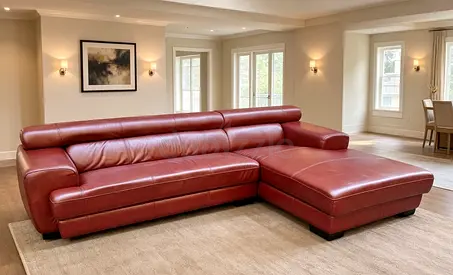 Red Leather L-Shaped Corner Sofa with Chaise — Good Condition