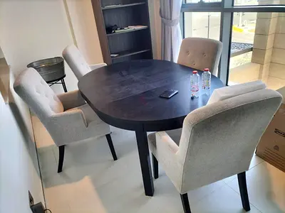 Dark Wood Round Dining Table with 4 Upholstered Chairs