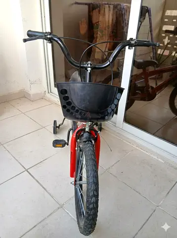 Red kids Thunder Bird bicycle with basket and training wheels