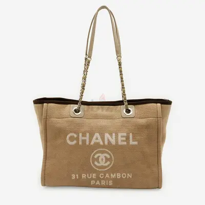 Chanel Deauville MM Beige Canvas Brown Leather Shoulder Tote Bag