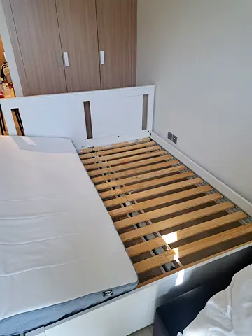 IKEA White Wooden Bed Frame with Slatted Base and Mattress