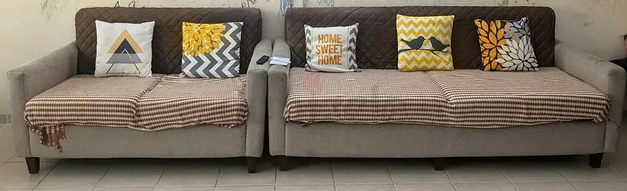 3-Seater Fabric Sofa in Good Used Condition - Light Grey Frame, Brown Quilted Cover