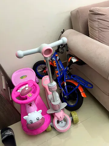 Kids ride-on car, scooter and small bicycle set - good condition. 99 AED for 3 Items