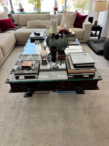 Coffee table Original German Ore cart with custom glass— created by French artist