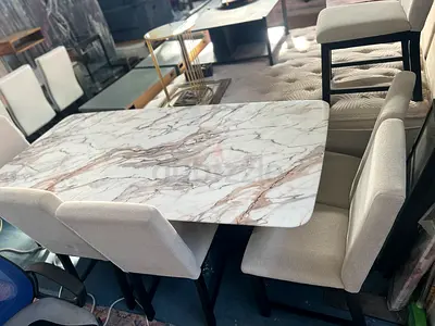 Marble-Top Dining Table with 6 Upholstered Chairs - Light Beige