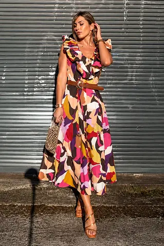 Zara Printed Cotton Midi Dress With Ruffle Neck
