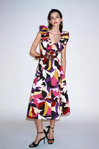 Zara Printed Cotton Midi Dress With Ruffle Neck