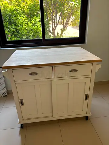 Crate and Barrel Belmont Kitchen Island cart with wooden top