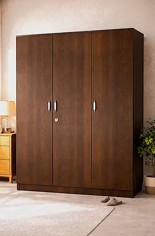 3-Door Wooden Wardrobe / Armoire - Dark Brown, Good Condition