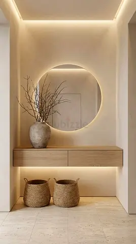 Floating Walnut Console Table with Round Backlit Mirror and Decor