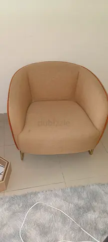 Beige Upholstered Barrel Accent Chair with Wooden Trim