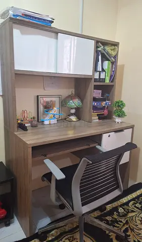 Compact study desk with hutch and storage and chair