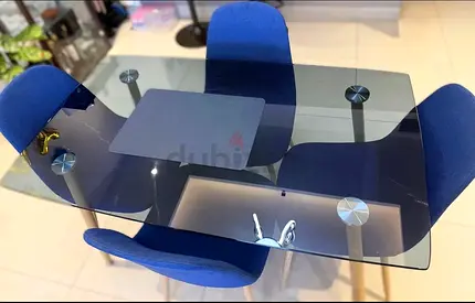 Glass Top Dining Table with 4 Blue Fabric Chairs - Modern Compact Set