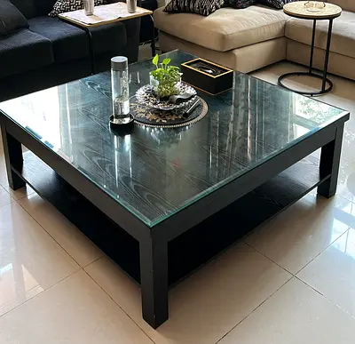 Large Black Wooden Coffee Table with Glass Top