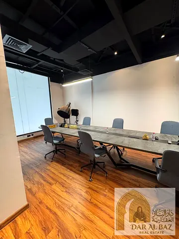 Office for annual rent in Al Majaz 2 area, on the Corniche Al Buhaira. The office is fully furnished, two-story duplex, large area, ready for operatio