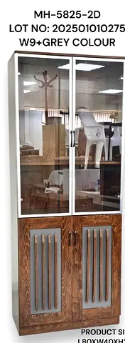 Tall Wooden Display Cabinet with Glass Doors — Grey/Wood Finish