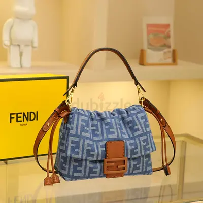 Fendi Baguette Blue FF Logo Canvas Shoulder Bag