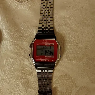 Timex Vintage Digital Watch with Red Dial - Stainless Steel Band