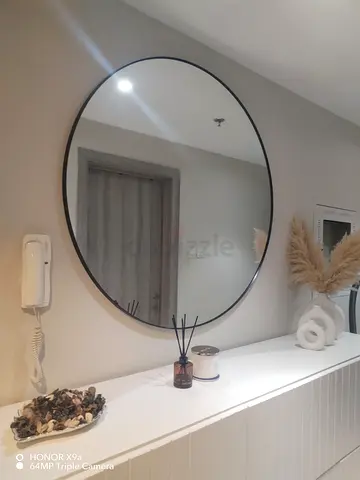 Large Round Wall Mirror with Slim Black Frame