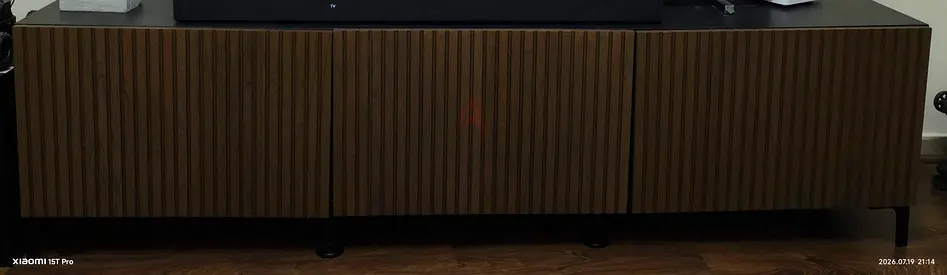 Low wooden TV cabinet / media console with slatted doors 180*40*50