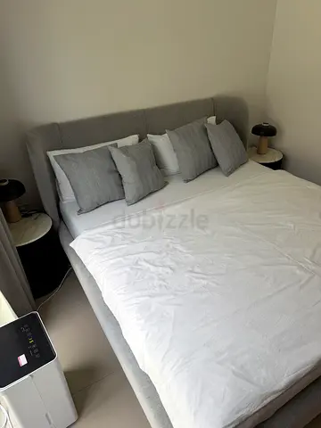 King Size Upholstered Grey Fabric Bed with Headboard including mattress! Perfect Condition