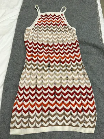 crochet knit summer dress - beige, rust and cream chevron pattern, small