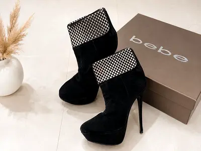 Black Suede High Heel Platform Ankle Boots (bebe) - Size 39