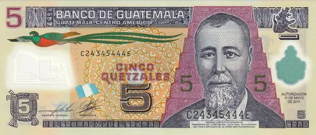 GUATEMALA 5 QUETZALS BANKNOTE 2011