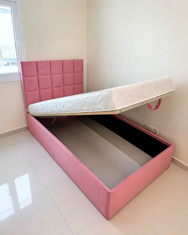 Single Ottoman Storage Bed with Pink Upholstered Headboard and Mattress