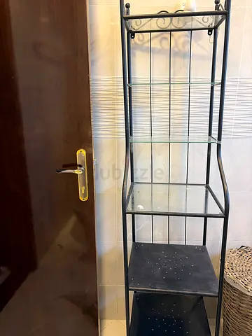 Black Metal Storage Shelving Unit with Glass Shelf — Good Condition