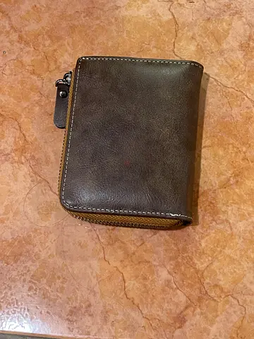 Brown Leather Zip Wallet - Compact Bifold with Card Slots