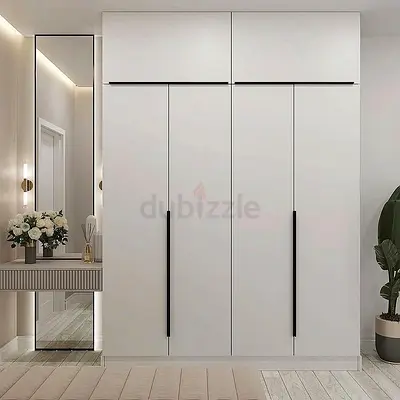 White Modern 4-Door Wardrobe with Overhead Cabinets and Black Handles