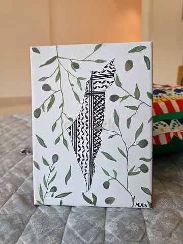 hand-painted palestine map with kefiyyeh design and olive branches on canvas.