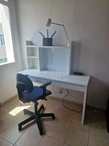 White study desk with hutch, lamp and office chair - good condition
