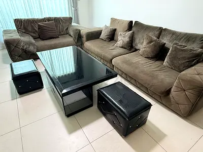 Large 3 + 2 sofa with glass coffee table and ottomans - Good condition- Selling combined or separate