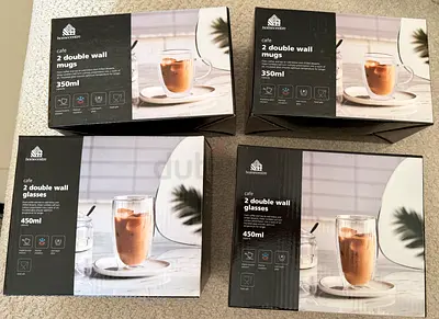 Brand new Home Centre double wall mugs 350ml x4, double wall glasses 450ml x4