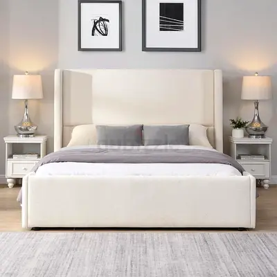 Upholstered King Size Bed with Wingback Headboard - Cream